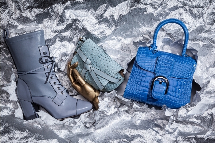 Veruka boot by Stuart Weitzman, Gate mini shoulder bag by Loewe, Mini S tote bag in alligator leather by Delvaux Image