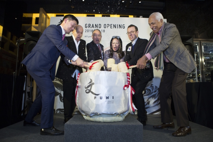 John Cheng, Allan Zeman, Kuninori Matsuda, Cindy Wang, Jonathan Zeman officially open the doors to FUMI in California Tower. Image