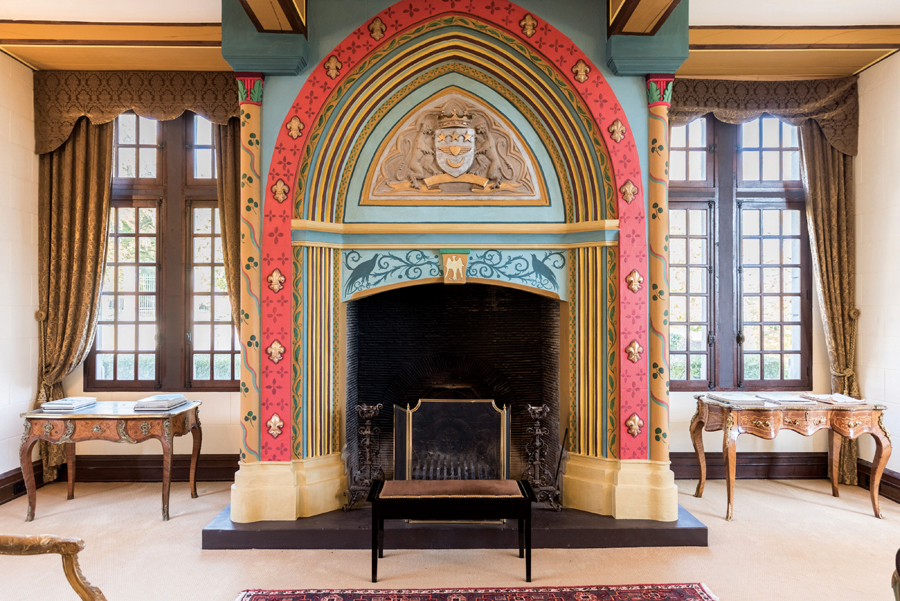 A colourful fireplace inside a castle in Normandy