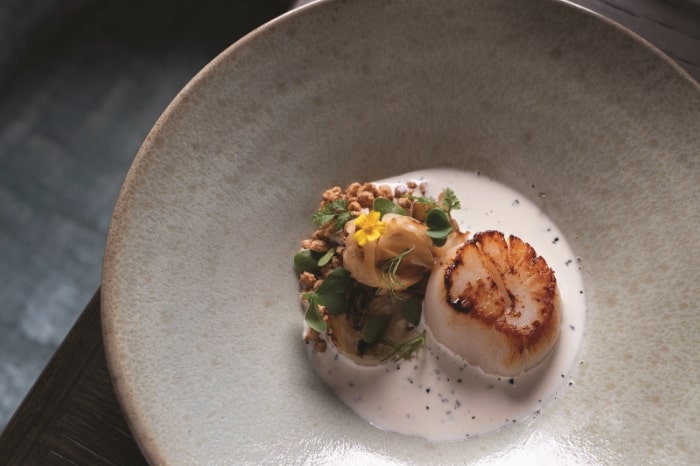 Pan-fried Hokkaido scallops, smoked cabbage heart with Welsh laverbread butter